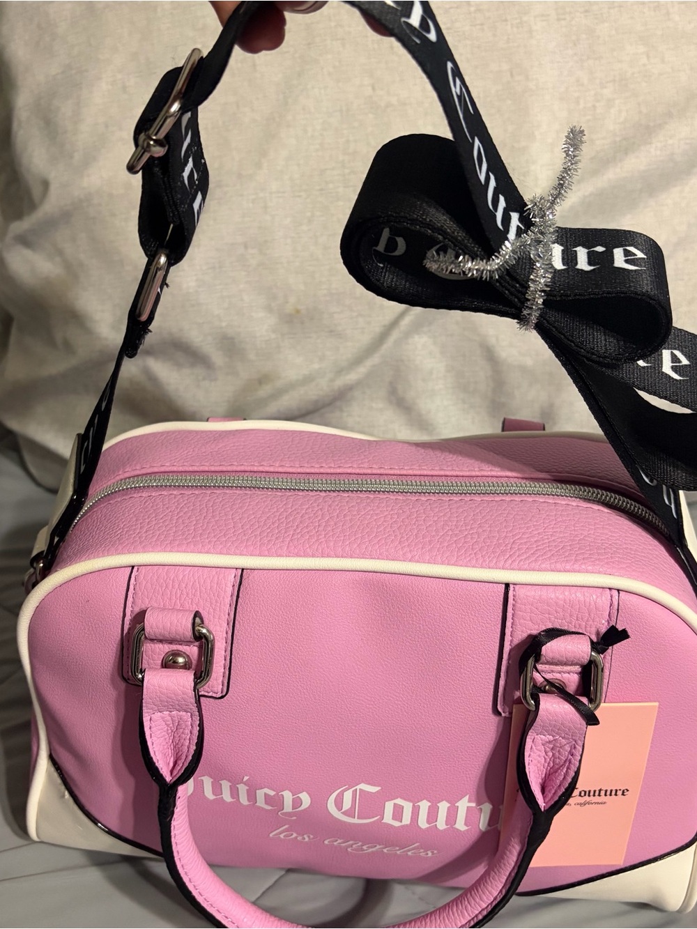 Juicy Couture “Fondant Pink” And White Barrel Satchel With Black Logo Strap